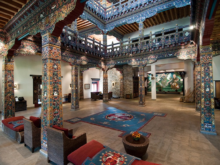 The lobby of Bhutan’s 5 star Zhiwa Ling Heritage Hotel Paro