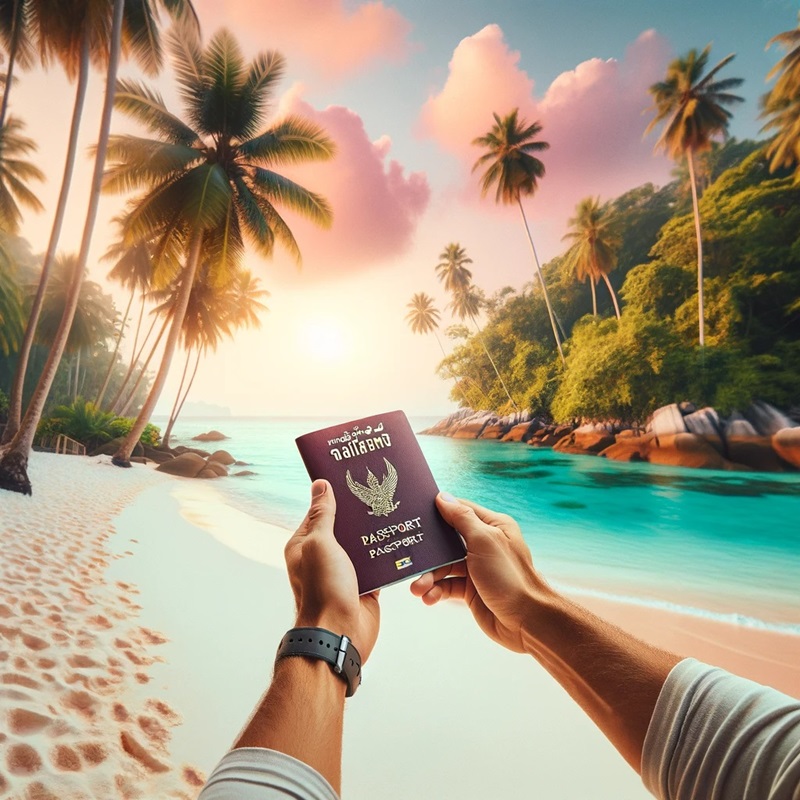 Picture of person holding a passport on a beach