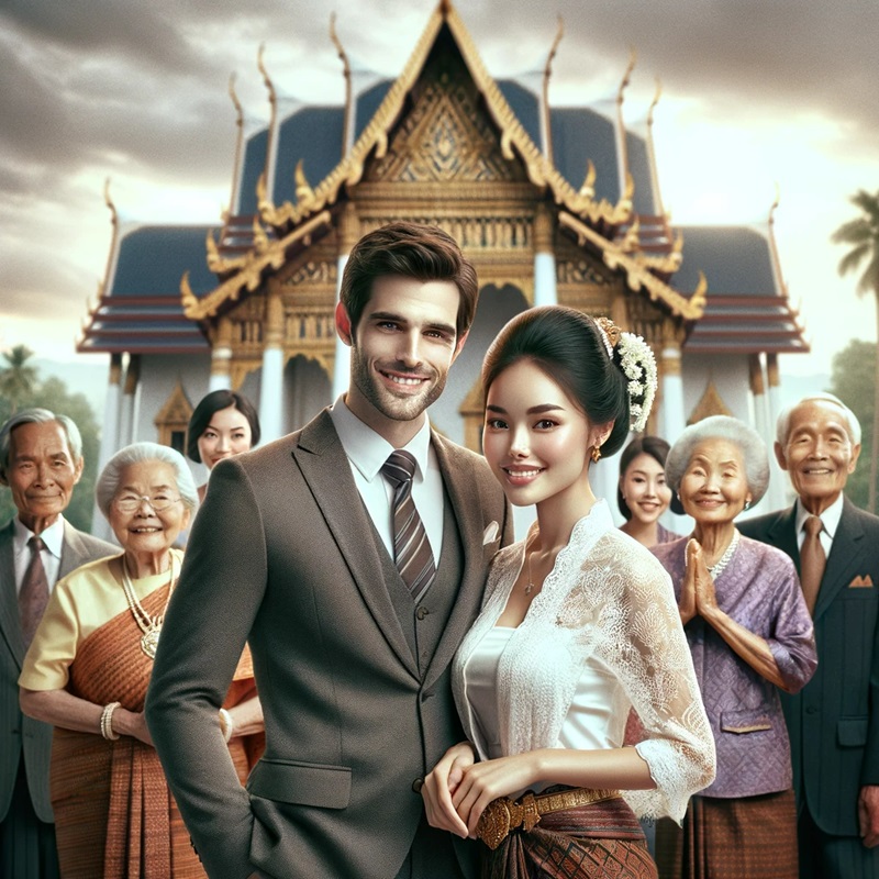 Thai woman and husband in front of a temple