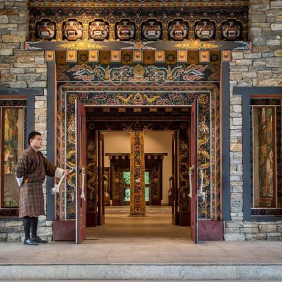 Entrance to the 5* Zhiwa Ling Heritage Hotel near Paro Airport 