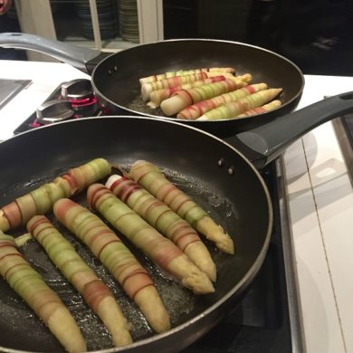 Asparagus wrapped in strips of rhubarb